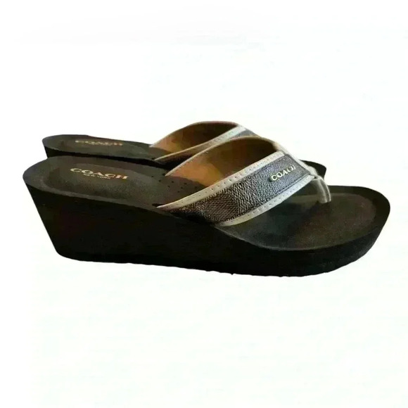 Coach Women’s Size 9 Wedge Sandals Brown/ Tan and Gold Signature C - Picture 6 of 12